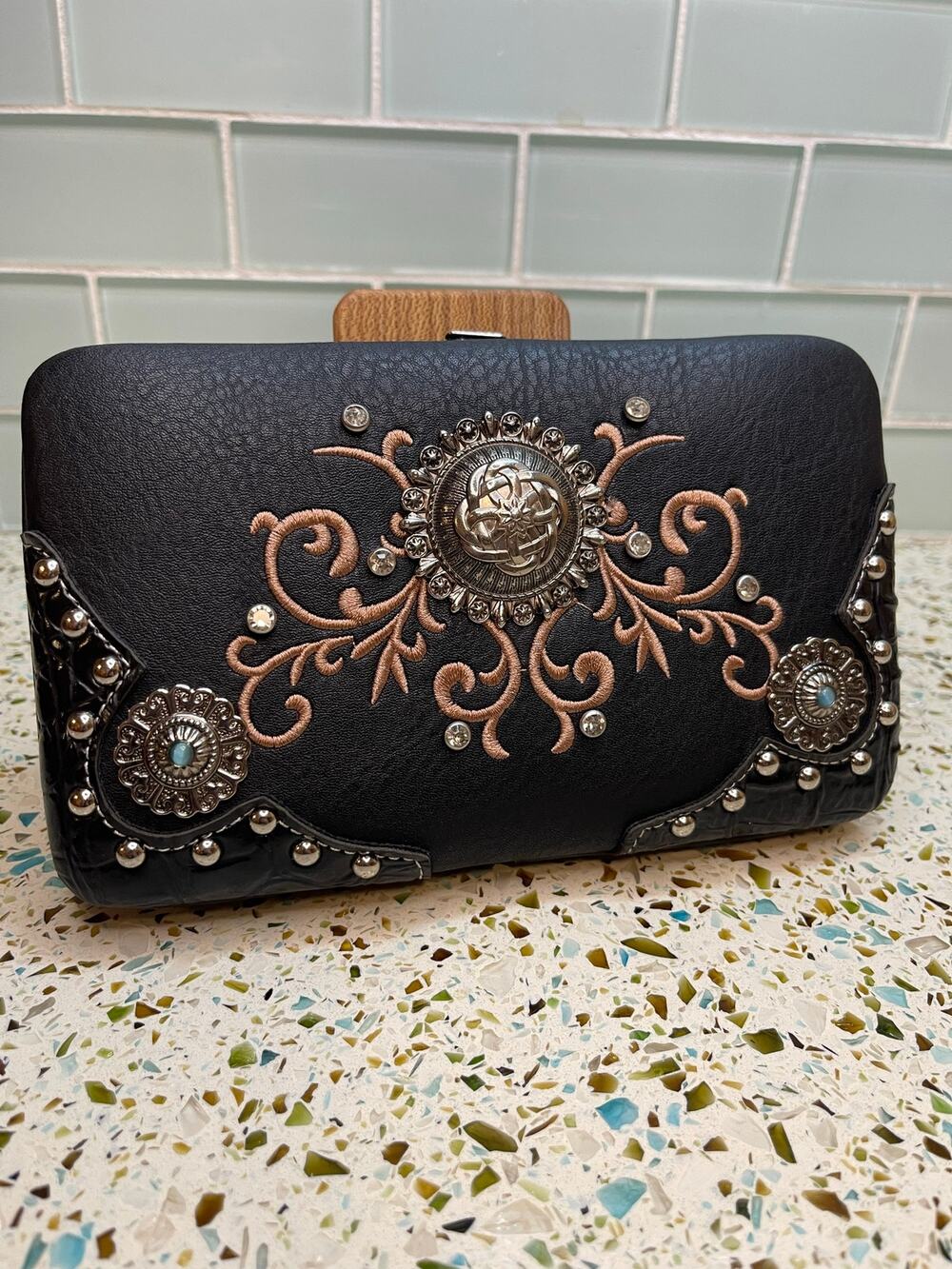 Western Embellished Black Clutch Purse Studded Rhinestone Faux Leather